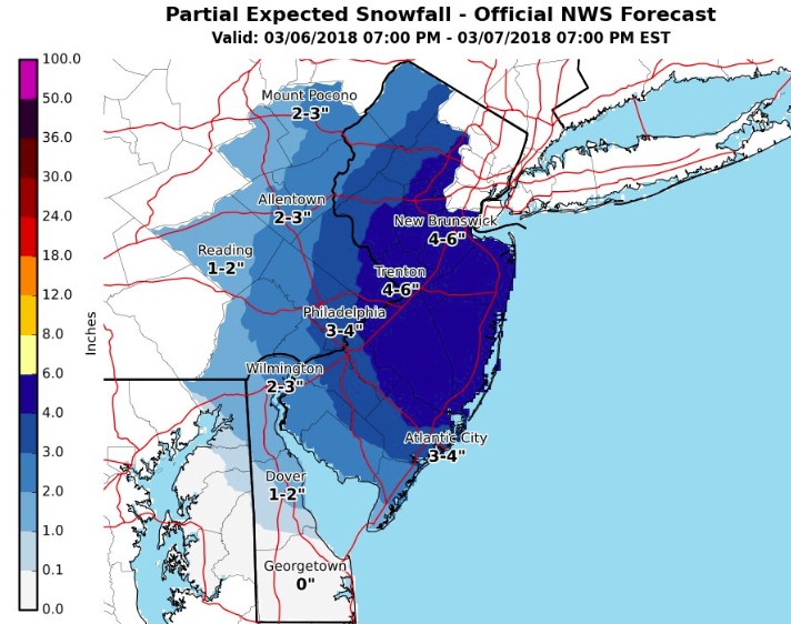 Snow potential during the March 6-8, 2018 nor'easter. (Credit: NWS)