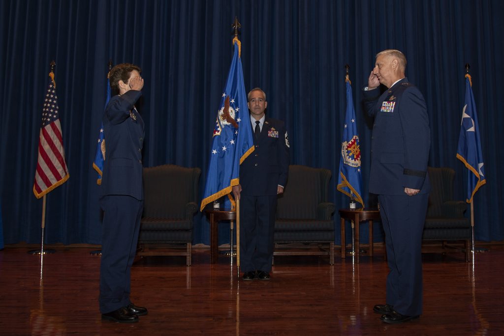 U.S. Air Force Maj. Gen. Mark Camerer assumes command of the U.S. Air Force Expeditionary Center during a change of command ceremony Sept. 23, 2020, at the USAF Expeditionary Center on Joint Base McGuire-Dix-Lakehurst, New Jersey. U.S. Air Force Gen. Jacqueline Van Ovost, Air Mobility Command commander, presided over the ceremony where U.S. Air Force Maj. Gen. John Gordy relinquished command of the USAF Expeditionary Center to Camerer. (U.S. Air Force photo by Master Sgt. Ashley Hyatt)