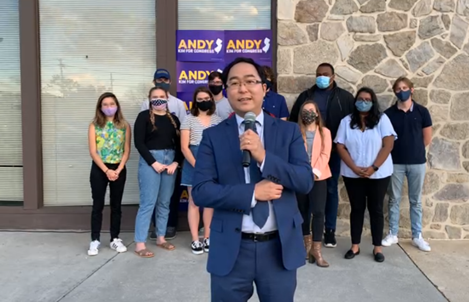 U.S. Rep. Andy Kim (D-3) declares victory in the 2020 election via an online stream. (Screenshot)