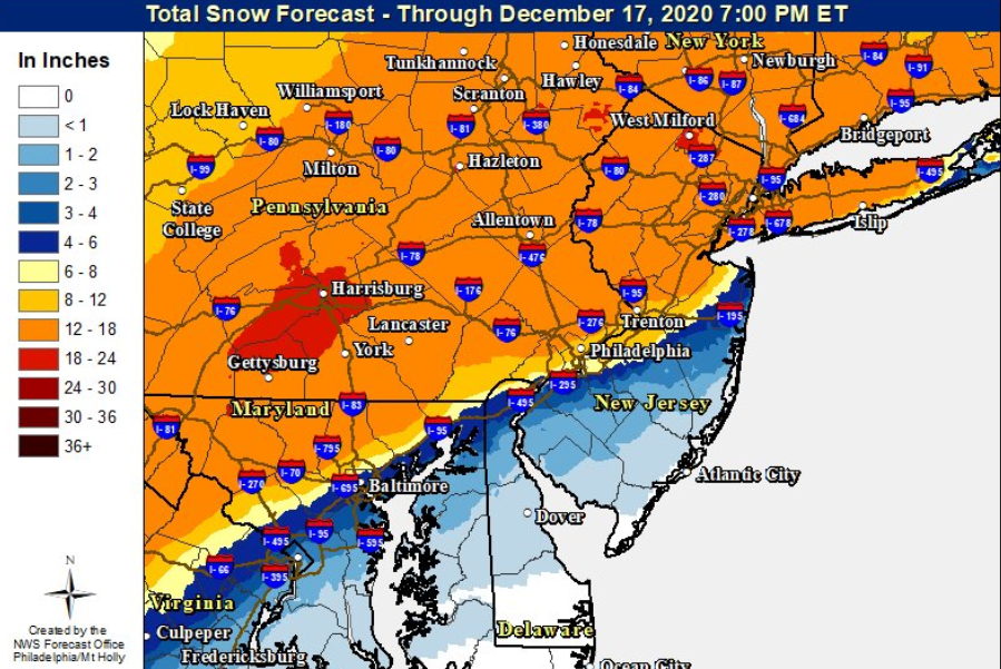 Forecast snow totals for the Dec. 16-17, 2020 nor'easter. (Credit: NWS)