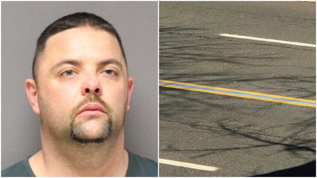 David Giordano (Photo: Ocean County Jail) and a blue line painted on Hooper Avenue. (Credit: Ocean County Scanner News)
