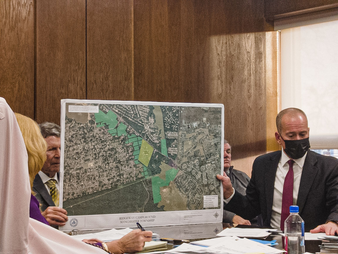 A map of preserved land shown at the Jan. 12, 2022 meeting of the Ocean County Commissioners. (Photo: Daniel Nee)