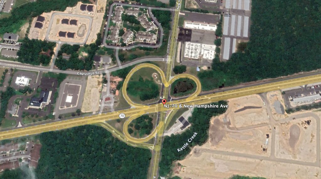 The tri-intersection of Route 70, New Hampshire Avenue and Chestnut Street, Lakewood. (Credit: Google Earth)